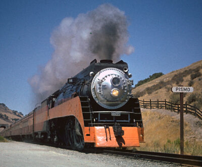 SP Daylight 4450 heading east out of Price Canyon at Pismo Station. 

Richard Kolm Photo circa 1951 